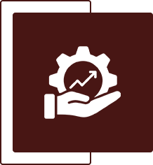 White hand holding a gear with an upward arrow on a dark red square background.
