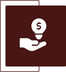 A white icon of a hand holding a light bulb with a dollar sign inside, on a dark red background.