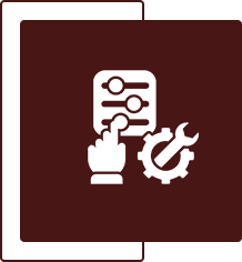 Icon of a hand touching control sliders, accompanied by a wrench and gear on a dark red background.